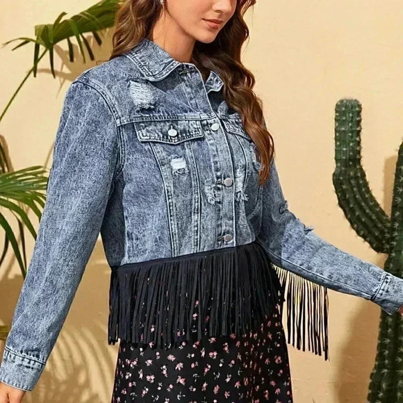 Multicolor Casual Womens Fringe Trim Denim Jacket - Picture 3 of 5